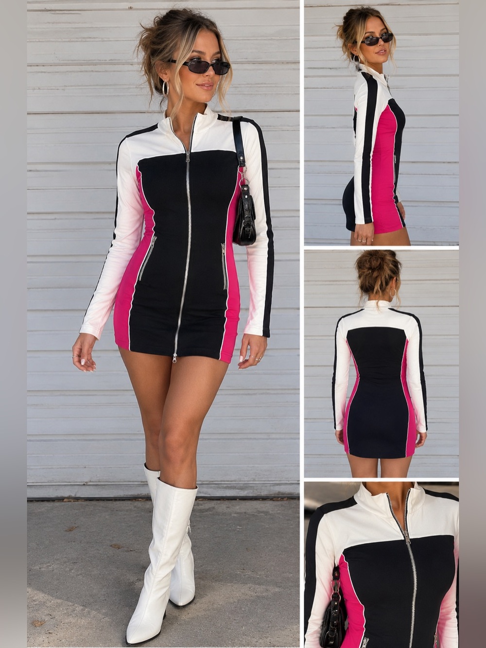 Boston Proper Sport Colorblock Zip Front Mini Dress Small Black White Pink Y2K